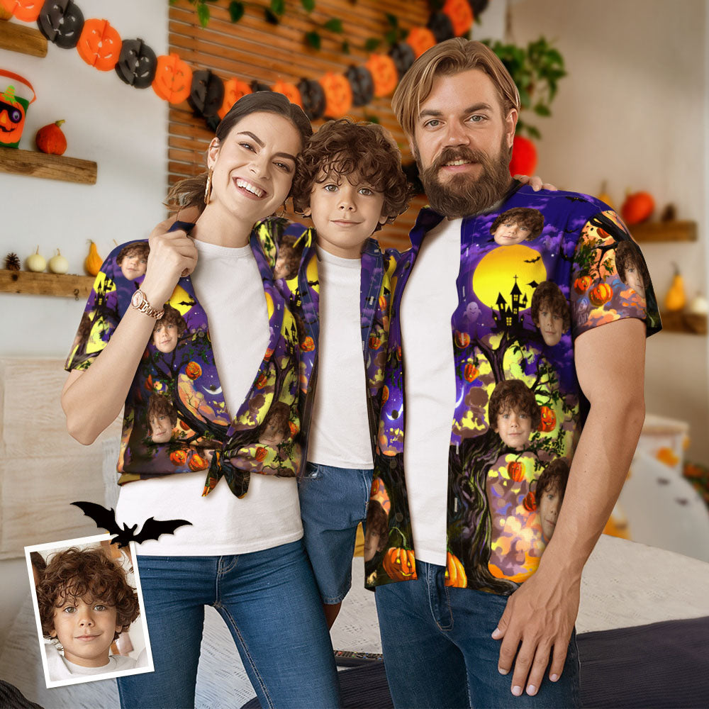 Conjunto De Aloha A Juego Familiar Con Cara Personalizada, Camisetas Hawaianas A Juego Personalizadas Con Estilo De Halloween