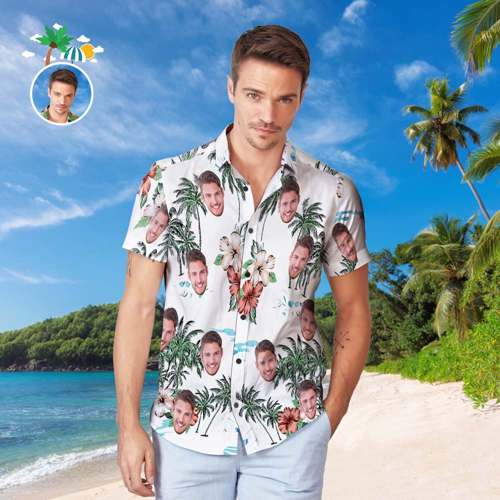 Camisa Hawaiana Con Cara Personalizada, Camisa De Playa Hawaiana Con Estampado Integral Popular Para Hombre, Regalo Navideño - Flores De Estilo Hawaiano