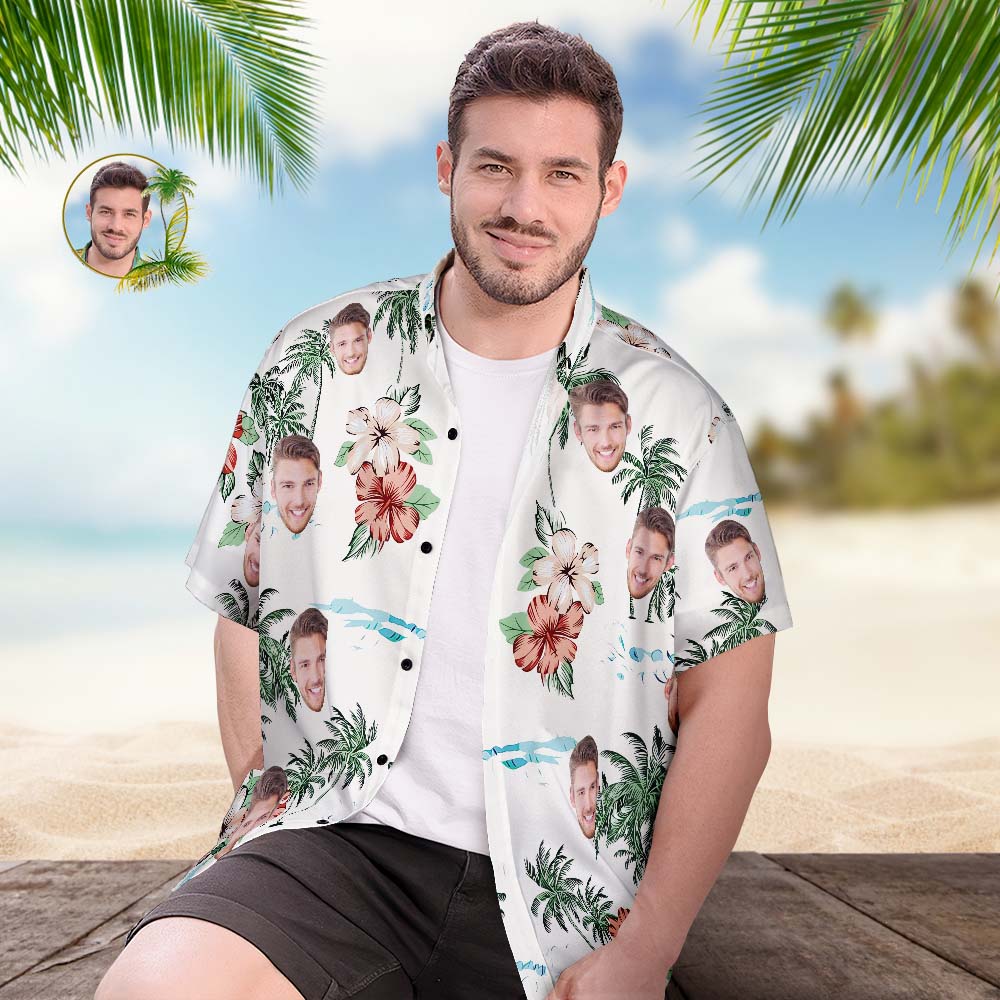 Camisa Hawaiana Con Cara Personalizada, Camisa De Playa Hawaiana Con Estampado Integral Popular Para Hombre, Regalo Navideño - Flores De Estilo Hawaiano