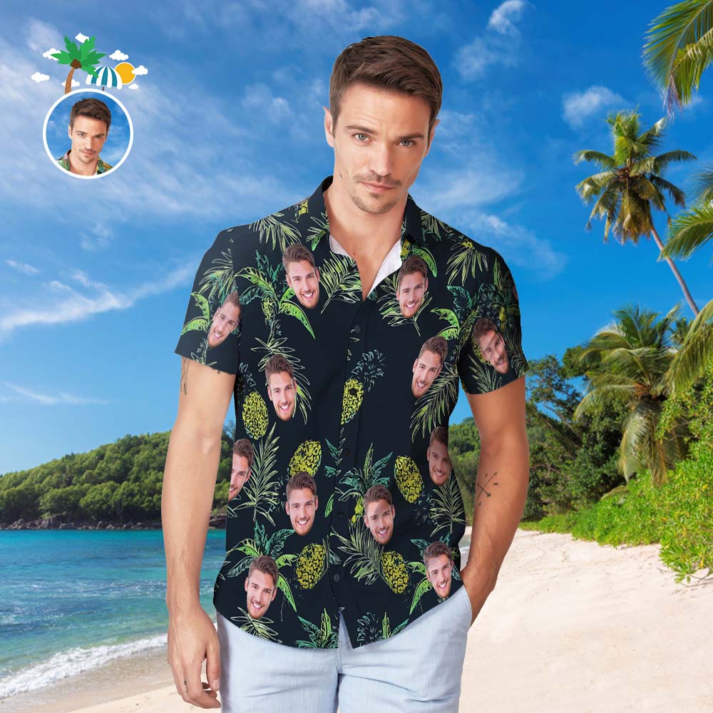 Camisa Hawaiana Con Cara Personalizada, Popular Camisa De Playa Hawaiana Con Estampado Integral Para Hombre, Regalo Navideño - Piña Tropical