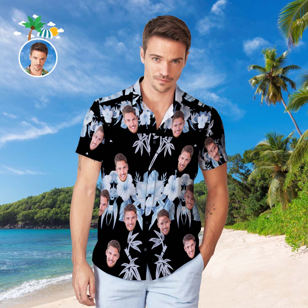 Camisa Hawaiana Con Cara Personalizada, Camisa De Playa Hawaiana Con Estampado Integral Popular Para Hombre, Regalo Navideño - Flores Blancas