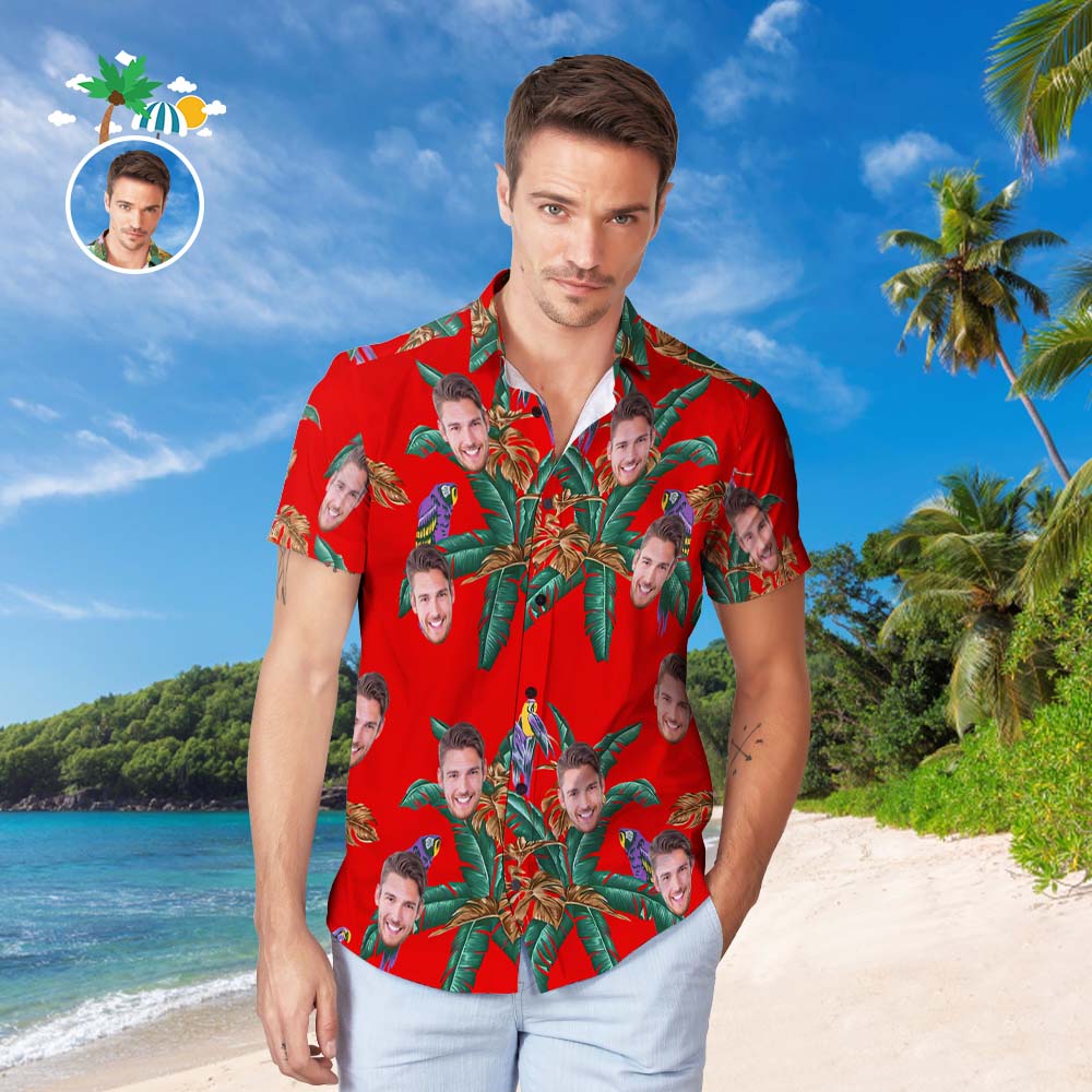 Camisa Hawaiana Con Cara Personalizada, Camisa De Playa Hawaiana Con Estampado Integral Popular Para Hombre, Regalo - Cocoteros Y Pájaros