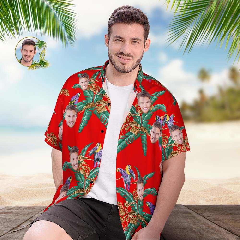 Camisa Hawaiana Con Cara Personalizada, Camisa De Playa Hawaiana Con Estampado Integral Popular Para Hombre, Regalo - Cocoteros Y Pájaros