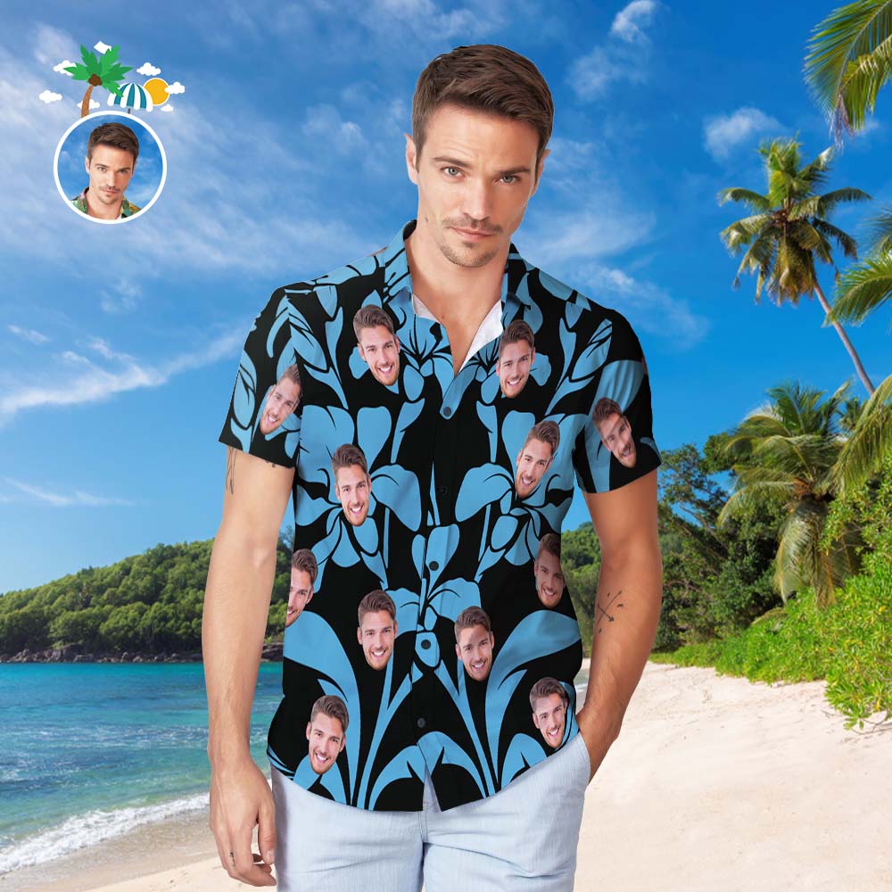 Camisa Hawaiana Con Cara Personalizada, Camisa De Playa Hawaiana Con Estampado Integral Popular Para Hombre, Regalo - Romance Azul