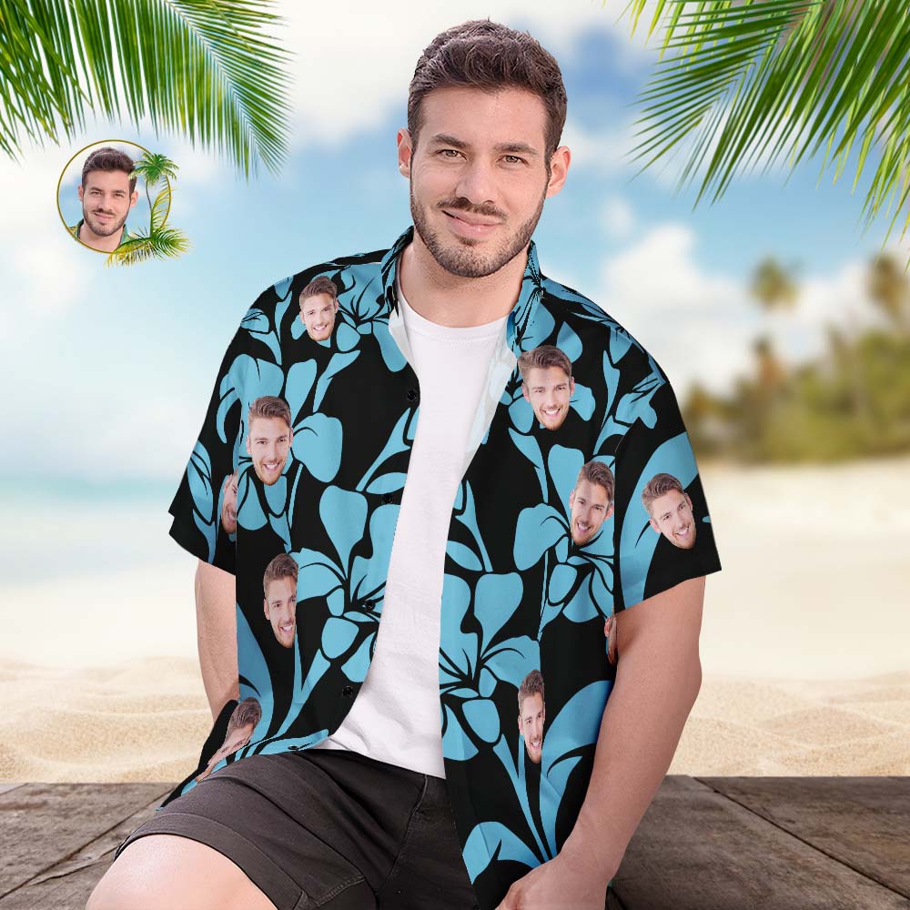 Camisa Hawaiana Con Cara Personalizada, Camisa De Playa Hawaiana Con Estampado Integral Popular Para Hombre, Regalo - Romance Azul