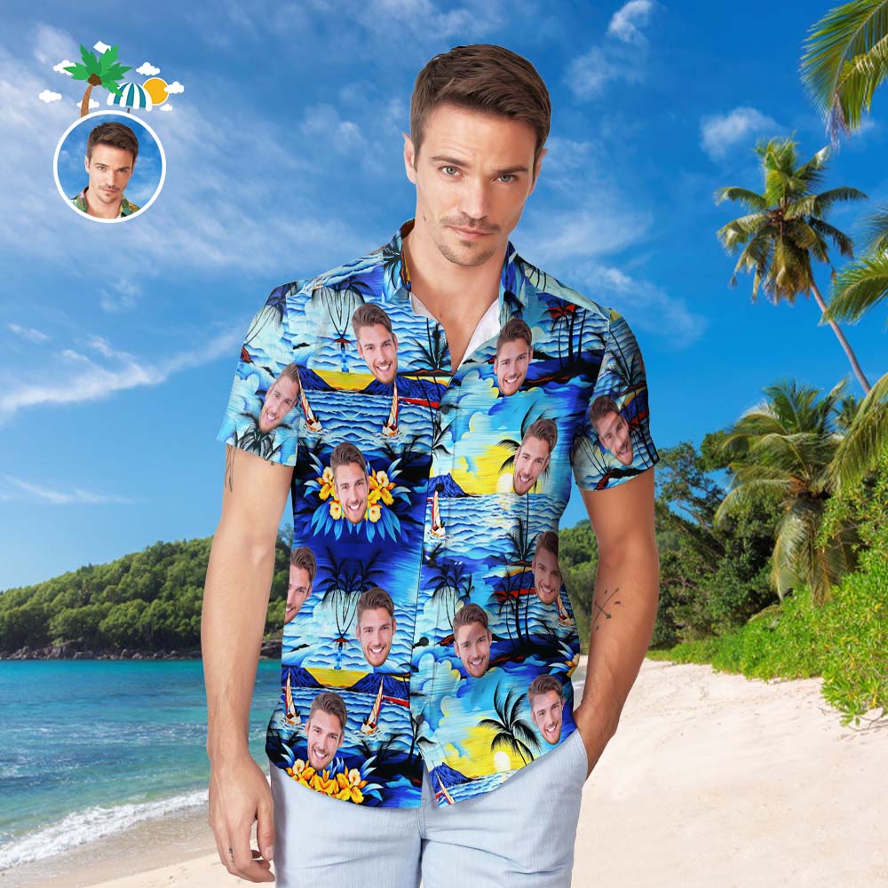 Camisa Hawaiana Con Cara Personalizada, Popular Camisa De Playa Hawaiana Con Estampado Integral Para Hombre, Regalo - Romántica Vista Al Mar