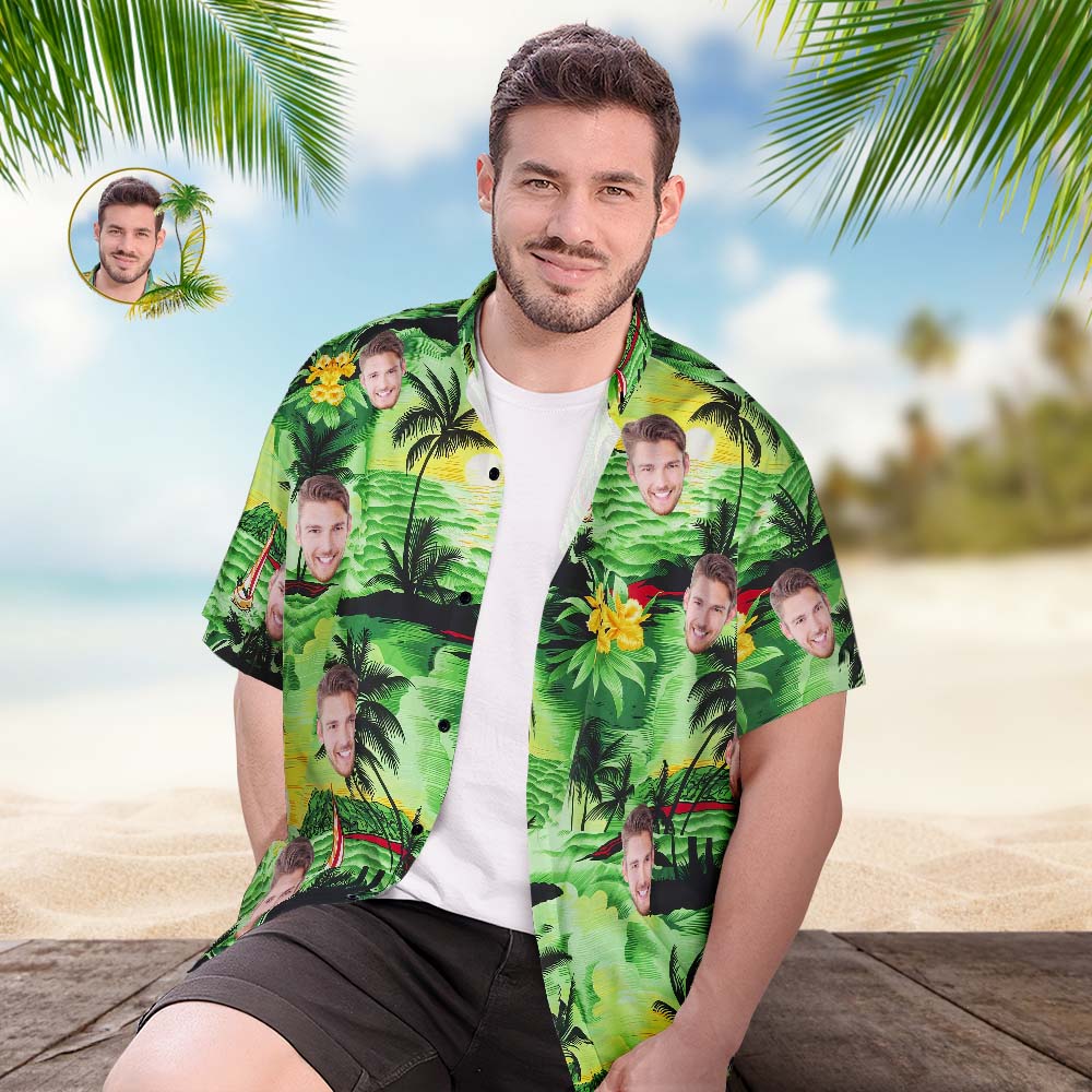 Camisa Hawaiana Con Cara Personalizada, Camisa De Playa Hawaiana Con Estampado Integral Popular Para Hombre, Regalo - Vacaciones Junto Al Mar
