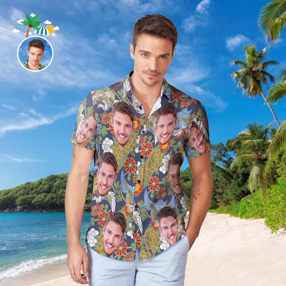 Camisa Hawaiana Con Cara Personalizada, Camisa De Playa Hawaiana Con Estampado Integral Popular Para Hombre, Regalo - Patrón Japonés