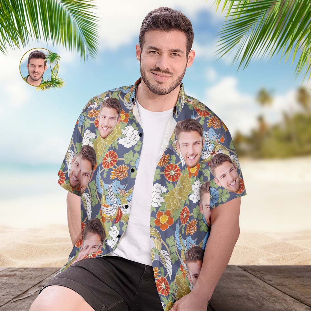 Camisa Hawaiana Con Cara Personalizada, Camisa De Playa Hawaiana Con Estampado Integral Popular Para Hombre, Regalo - Patrón Japonés