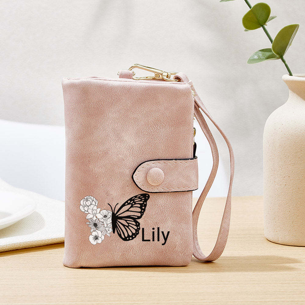 Cartera De Cuero Personalizada Con Diseño De Mariposa Y Flor De Nacimiento, Triple Pliegue, Con Monedero, Regalo Personalizado Para El Día De La Madre Para Mujer - soufeeles