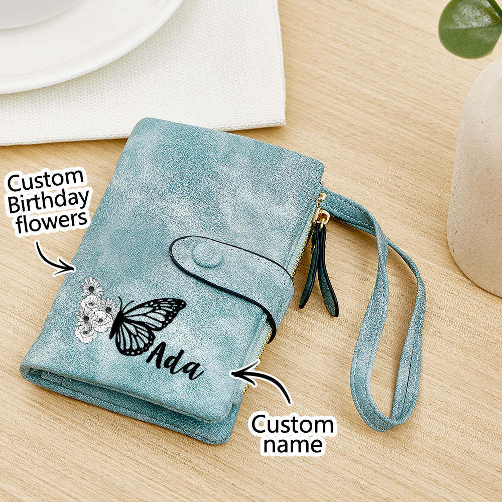 Cartera De Cuero Personalizada Con Diseño De Mariposa Y Flor De Nacimiento, Triple Pliegue, Con Monedero, Regalo Personalizado Para El Día De La Madre Para Mujer - soufeeles