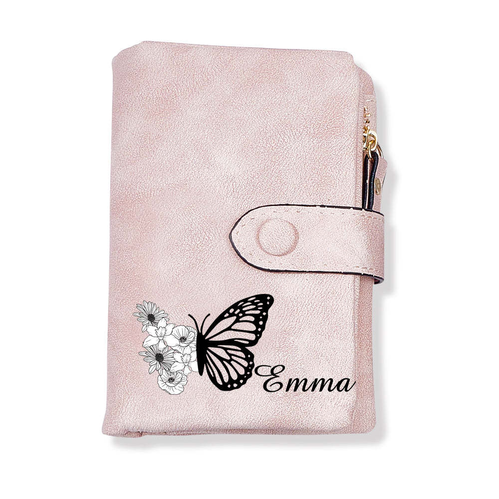 Cartera De Cuero Personalizada Con Diseño De Mariposa Y Flor De Nacimiento, Triple Pliegue, Con Monedero, Regalo Personalizado Para El Día De La Madre Para Mujer - soufeeles