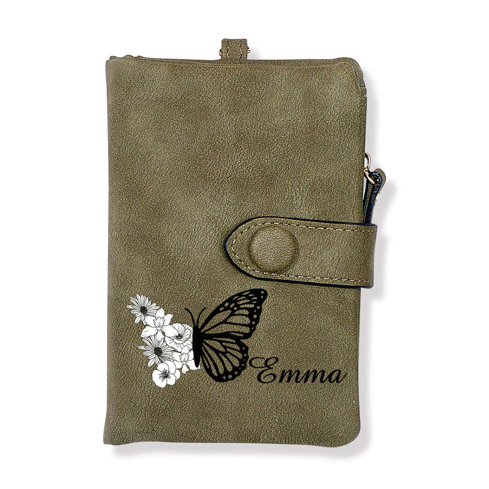 Cartera De Cuero Personalizada Con Diseño De Mariposa Y Flor De Nacimiento, Triple Pliegue, Con Monedero, Regalo Personalizado Para El Día De La Madre Para Mujer - soufeeles