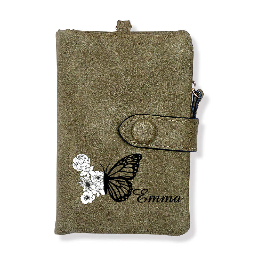 Cartera De Cuero Personalizada Con Diseño De Mariposa Y Flor De Nacimiento, Triple Pliegue, Con Monedero, Regalo Personalizado Para El Día De La Madre Para Mujer - soufeeles