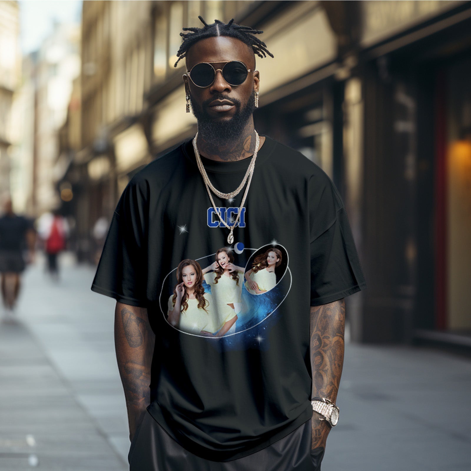 Camiseta Vintage Con Foto Y Nombre Personalizados, Camiseta Vintage Con Galaxia Cósmica Y Luna Creciente, Regalo Para Hombres