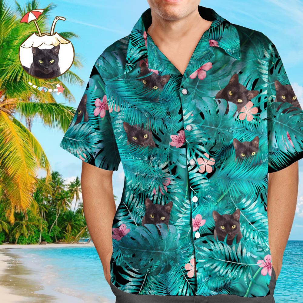 Camisas Hawaianas Personalizadas Gato Negro Camisa De Playa Personalizada Aloha Para Hombres