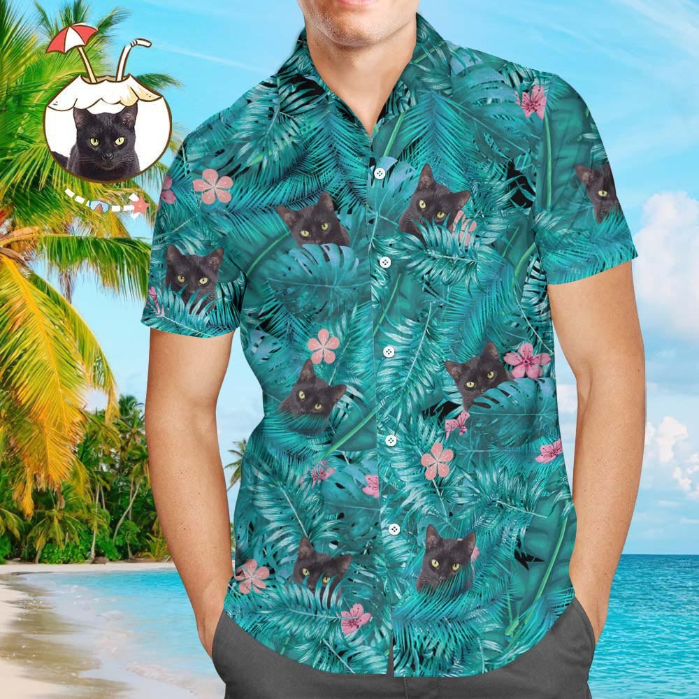 Camisas Hawaianas Personalizadas Gato Negro Camisa De Playa Personalizada Aloha Para Hombres