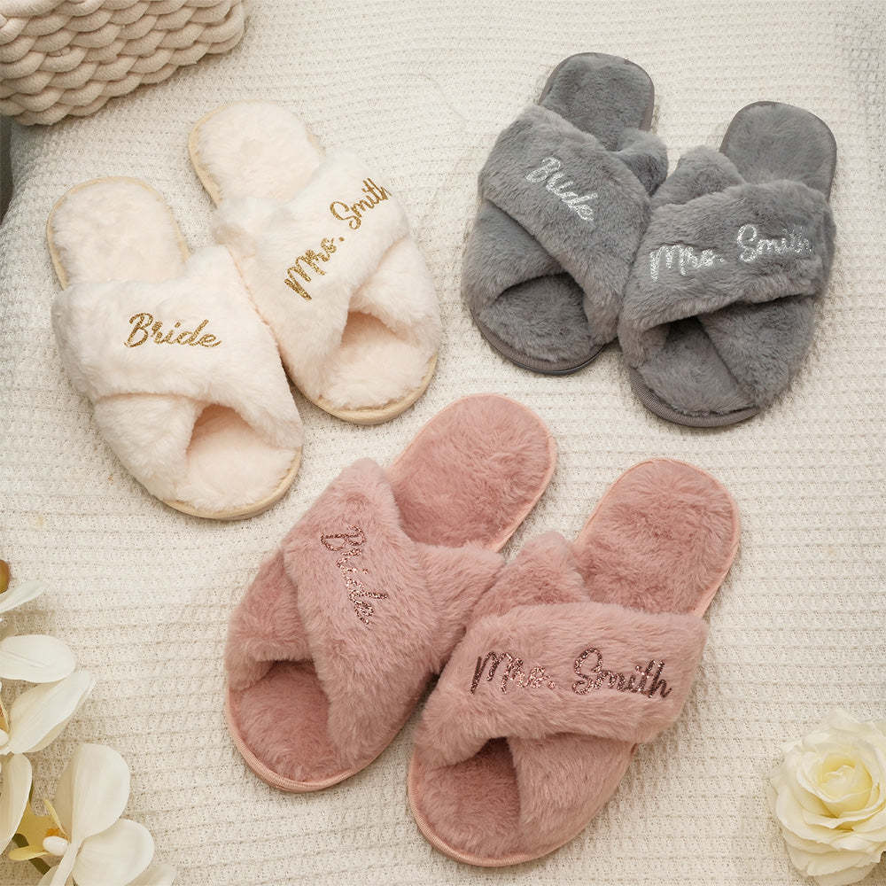 Zapatillas Esponjosas Personalizadas Zapatillas Cruzadas Esponjosas Zapatillas De Novia Regalo De Dama De Honor - soufeeles