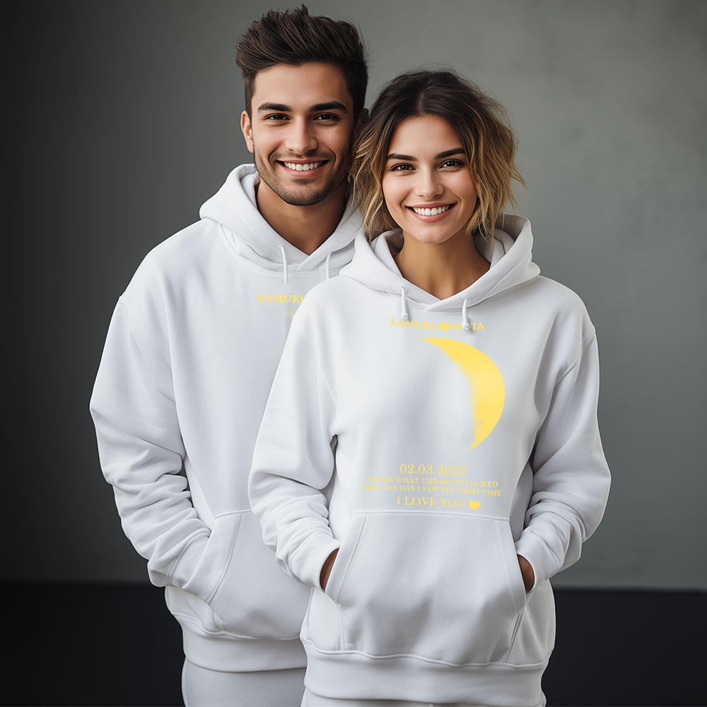 Sudadera De Arte De Pareja Personalizada, Sudadera De Bolsillo, Fase De Luna Real Personalizada, Regalo De Memoria De Pareja Para Novio