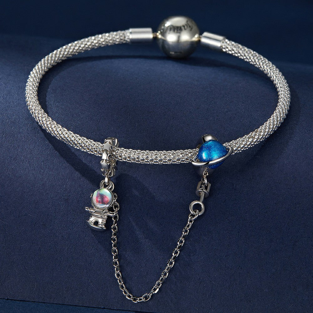 Catena con ciondolo di sicurezza pianeta astronauta in argento sterling 925 gsf1066