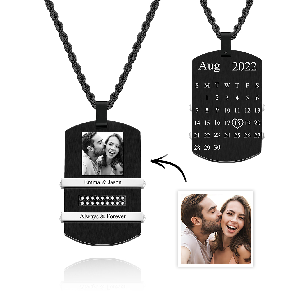 Collar Negro Personalizado Para Hombre Con Imágenes Y Calendario En El Interior Collar Personalizado Con Colgante Con Foto Para Hombre - soufeeles