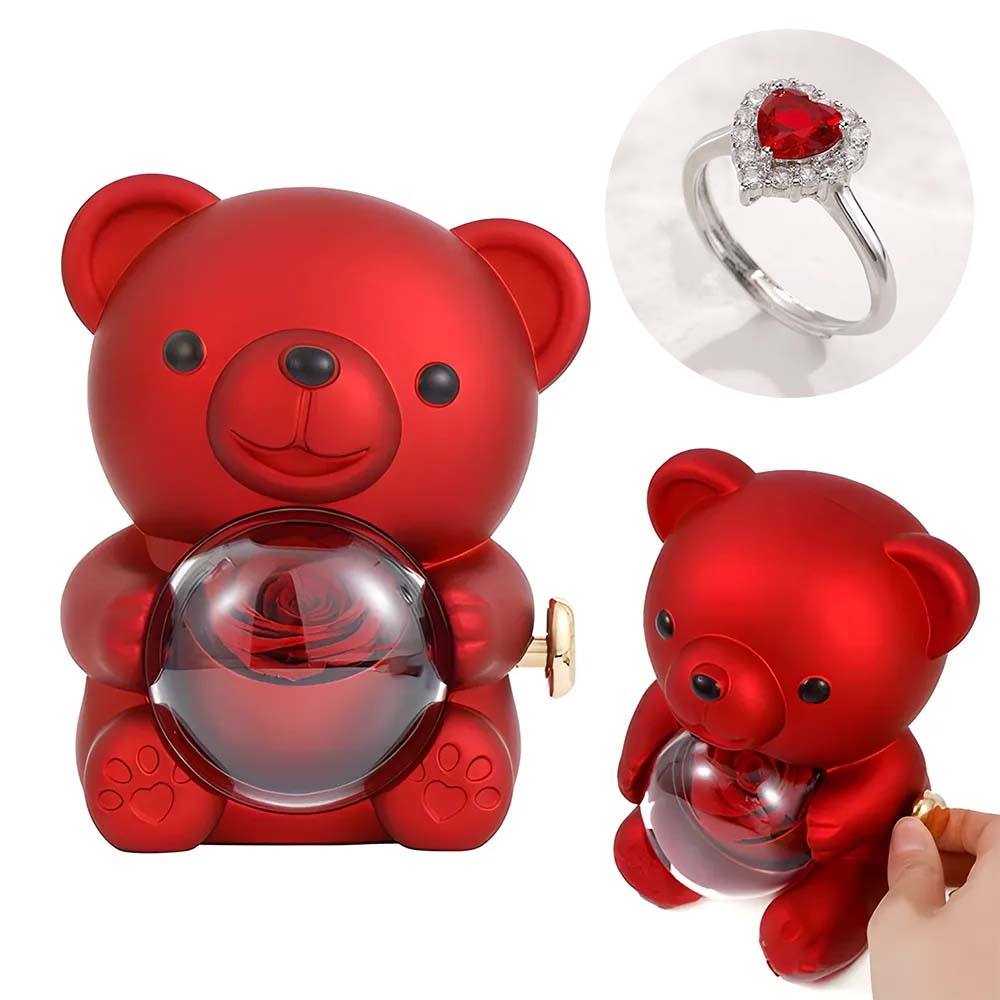 Anillo De Amor Ajustable Anillo De Pareja Con Caja De Regalo De Oso Rosa Para Ella - soufeeles