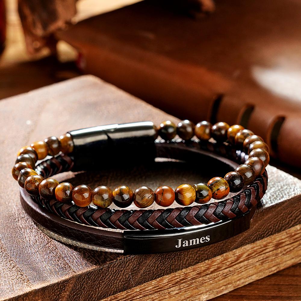 Pulsera Con Nombre Personalizado, Regalo De Cuero Tejido Apilado Vintage Para Hombres - soufeeles