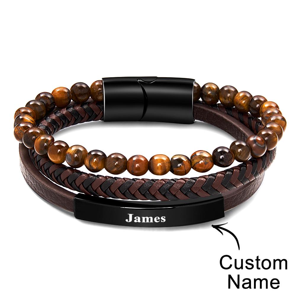 Pulsera Con Nombre Personalizado, Regalo De Cuero Tejido Apilado Vintage Para Hombres - soufeeles