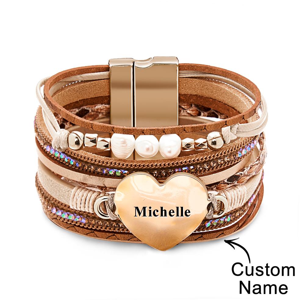 Brazalete De Cuero Para Mujer Con Nombre Personalizado, Pulseras Envolventes De Perlas Barrocas, Preciosas - soufeeles