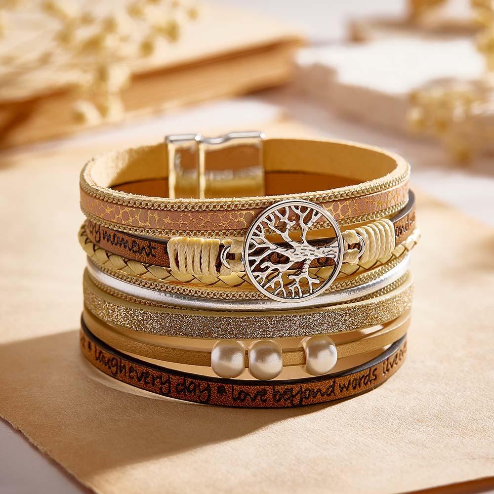 Pulseras De Cuero Con Grabado Personalizado Inspirador Del Árbol De La Vida Para Mujer - soufeeles