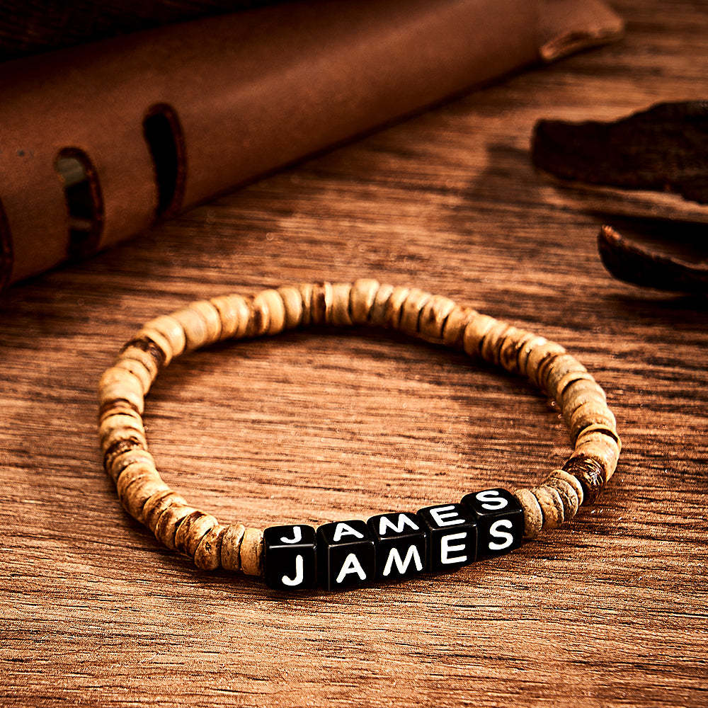 Pulsera De Cuentas De Madera Personalizada Con Nombre Pulsera Retro Regalos Para Él - soufeeles