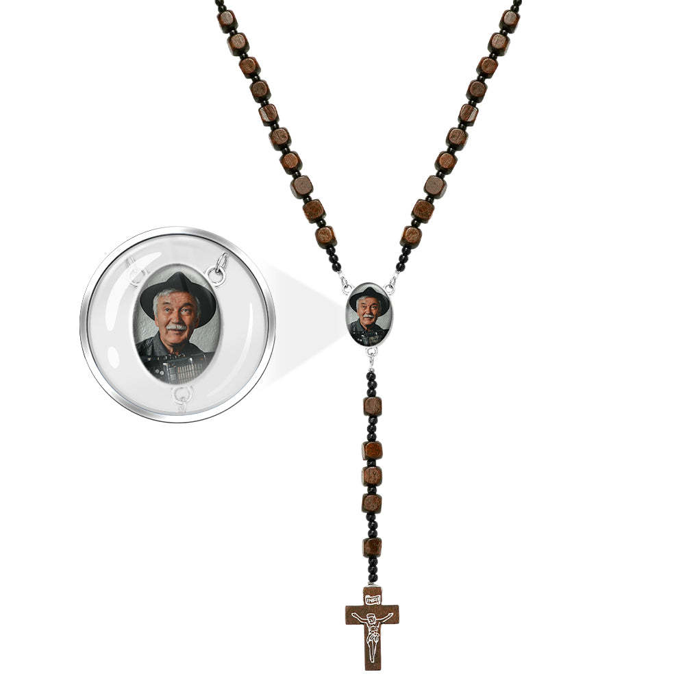 Collar De Cuentas De Rosario Personalizado Con Cruz, Collar De Cuentas De Madera Cuadradas Personalizadas Con Foto - soufeeles