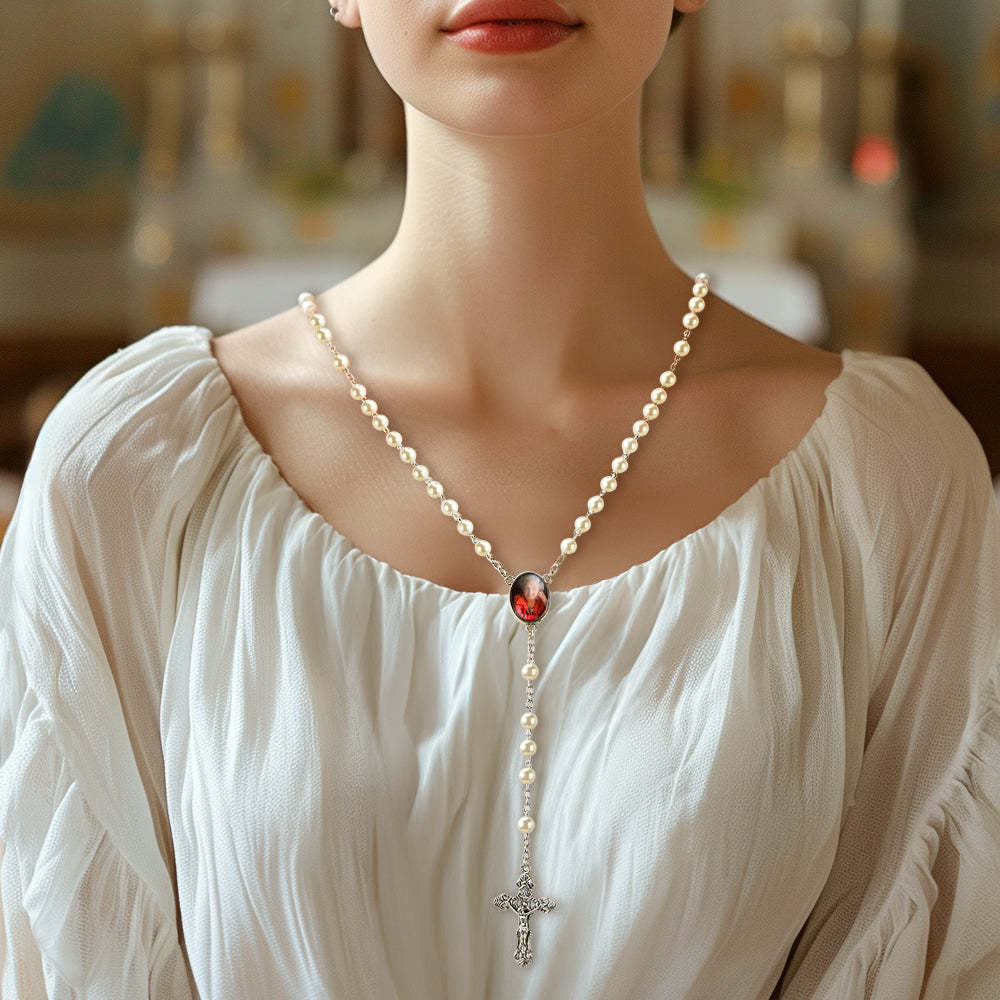 Collar De Cruz Con Cuentas De Rosario Personalizado Collar De Perlas De Imitaci��n Blancas Personalizadas Con Foto - soufeeles