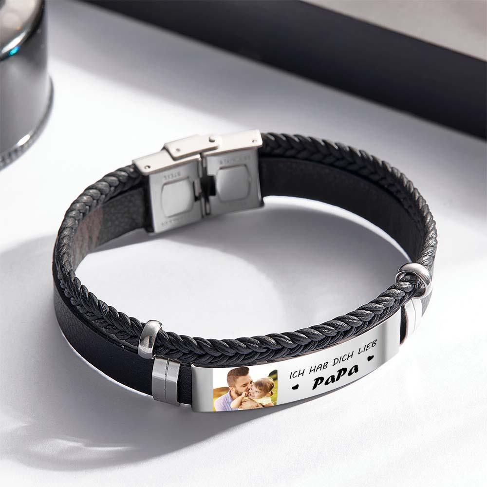 Pulsera De Cuero Con Foto Personalizada Y Brazalete Trenzado Con Texto Regalos Para El Día Del Padre - soufeeles