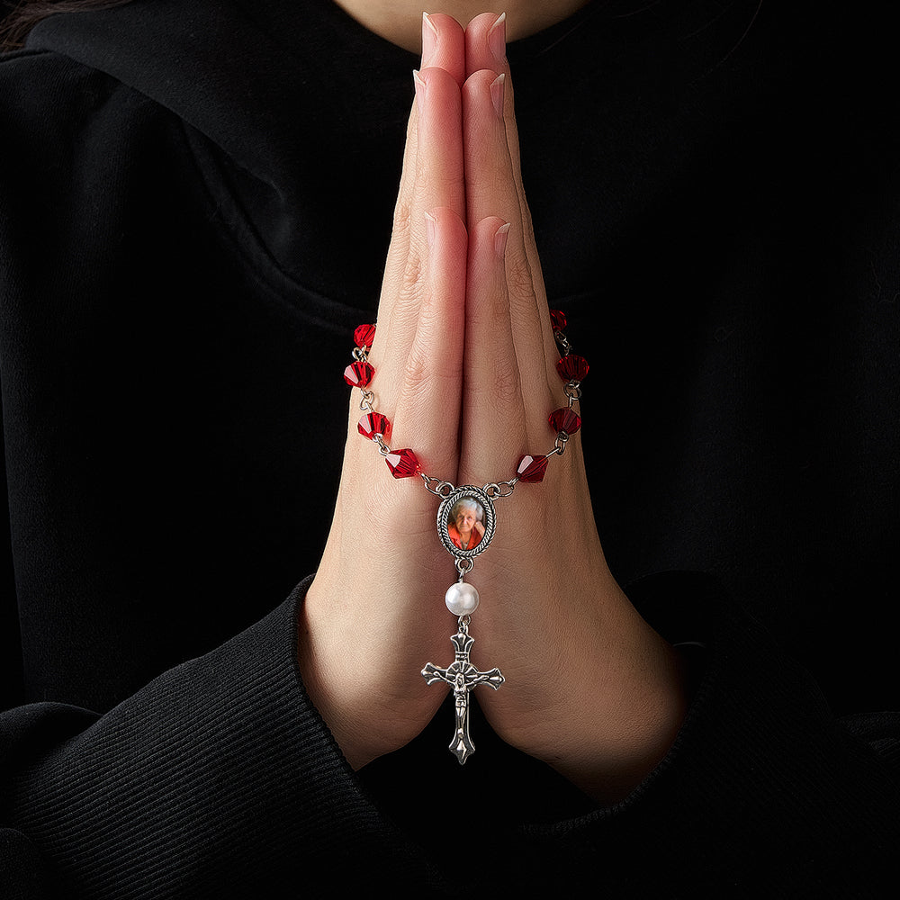 Pulsera De Rosario Con Foto Personalizada Y Piedra De Nacimiento, Con Colgante De Cruz, Regalo Conmemorativo Para La Familia - soufeeles