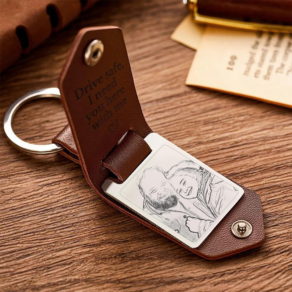 Llavero De Cuero Personalizado, Llavero Con Foto Personalizada, Seguro, Regalos De Aniversario Para Padre - soufeeles