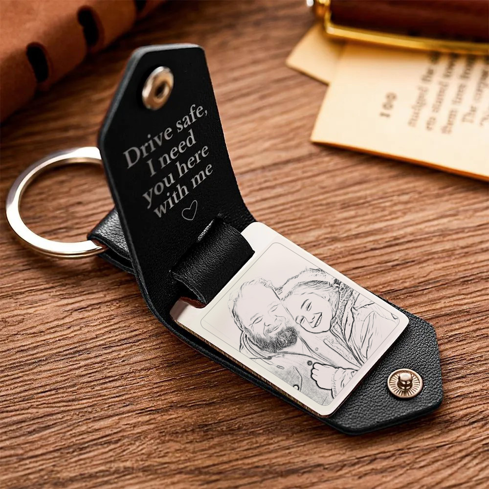 Llavero De Cuero Personalizado, Llavero Con Foto Personalizada, Seguro, Regalos De Aniversario Para Padre - soufeeles