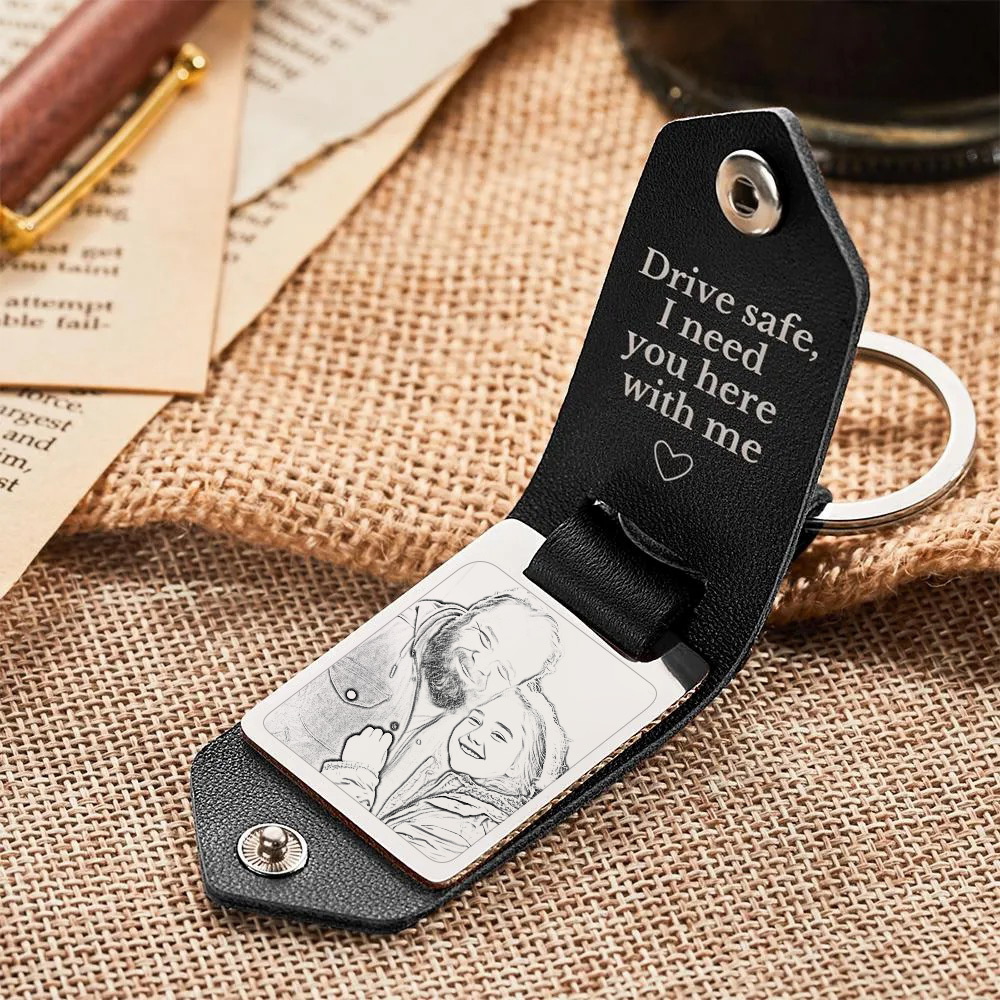 Llavero De Cuero Personalizado, Llavero Con Foto Personalizada, Seguro, Regalos De Aniversario Para Padre - soufeeles
