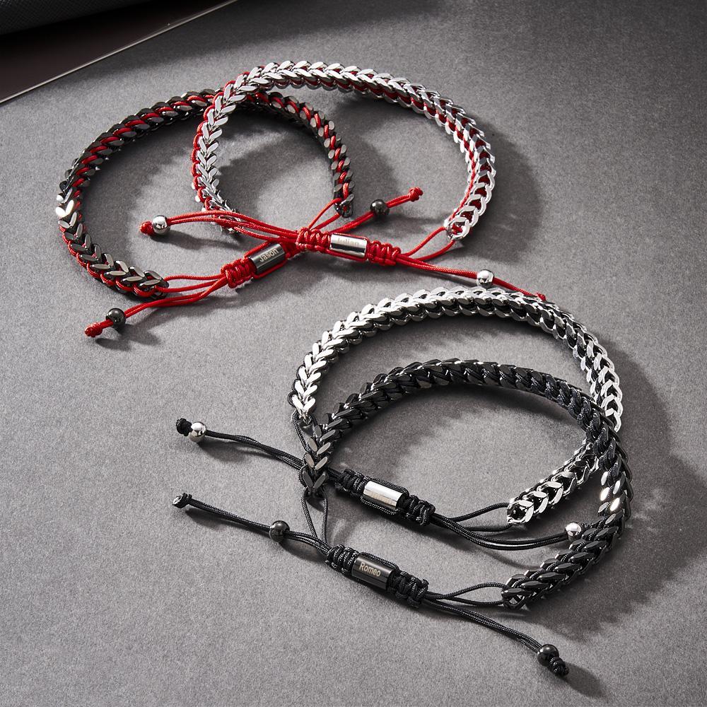 Pulsera Tejida Con Cuerda De Metal Y Acero Inoxidable, Pulsera Roja, Negra Y Plateada Para Hombre, Pulsera Personalizada Con Cuadro De Texto - soufeeles