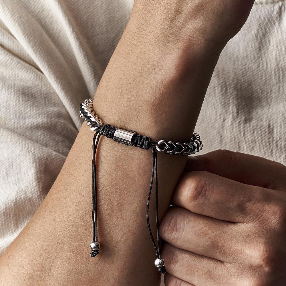 Pulsera Tejida Con Cuerda De Metal Y Acero Inoxidable, Pulsera Roja, Negra Y Plateada Para Hombre, Pulsera Personalizada Con Cuadro De Texto - soufeeles
