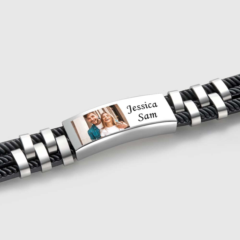 Pulsera De Hombre De Cuero Y Acero Grabada Personalizada Con Foto Y Nombres Personalizados ¡regalo Único Para Él! - soufeeles
