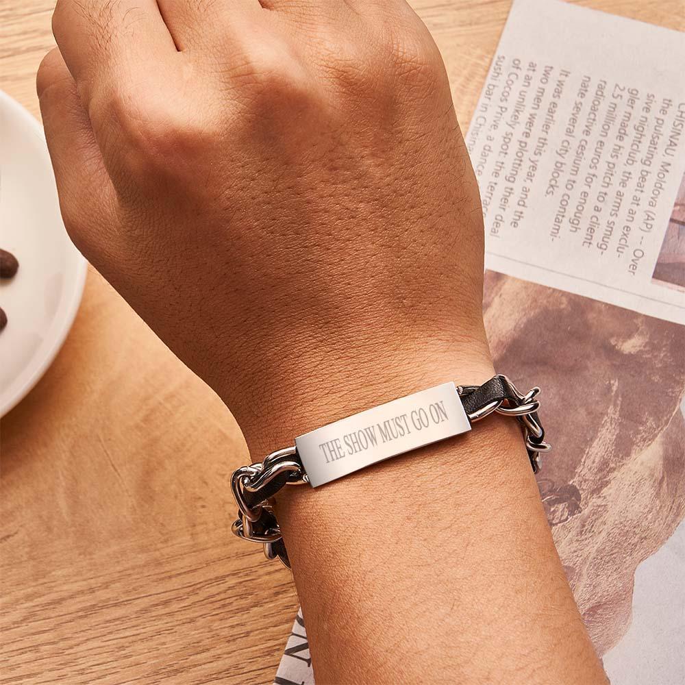 Pulsera De Cadena De Plata Y Placa De Identificación De Cuero Con Texto Personalizado, Cadena De Acero Inoxidable, Regalo Para Papá - soufeeles