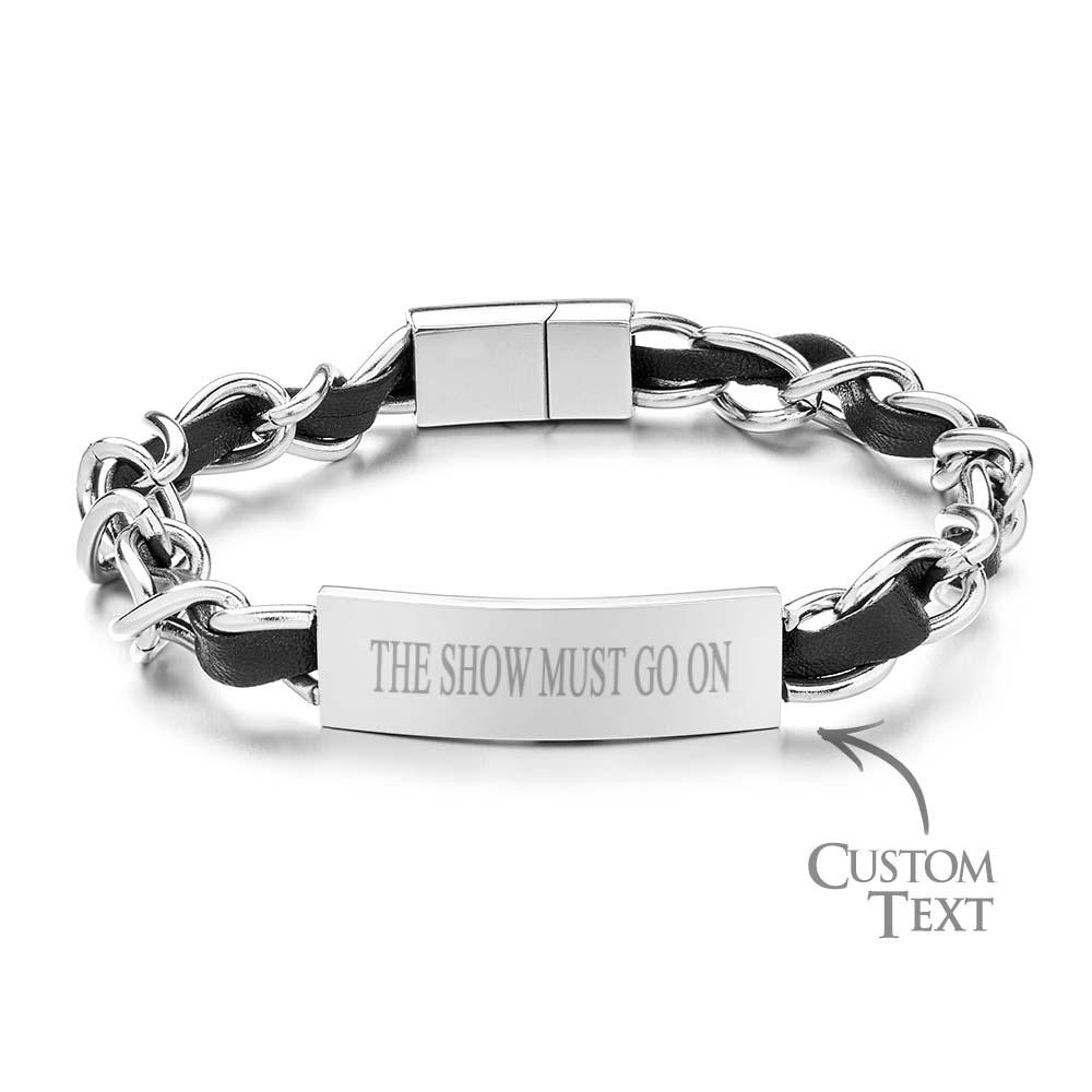 Pulsera De Cadena De Plata Y Placa De Identificación De Cuero Con Texto Personalizado, Cadena De Acero Inoxidable, Regalo Para Papá - soufeeles