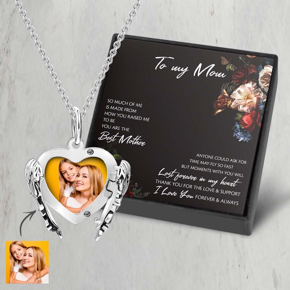 Collar Con Medallón Con Foto Grabable, Corazón Personalizado, Alas De Ángel, Regalo De Plata De Ley Para Mamá - soufeeles