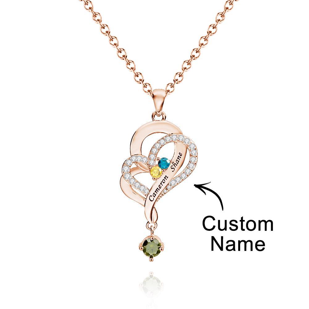 Collar De Corazones Dobles Con Piedra Natal Personalizada, Joyería Colgante Elegante Grabada Para Ella - soufeeles