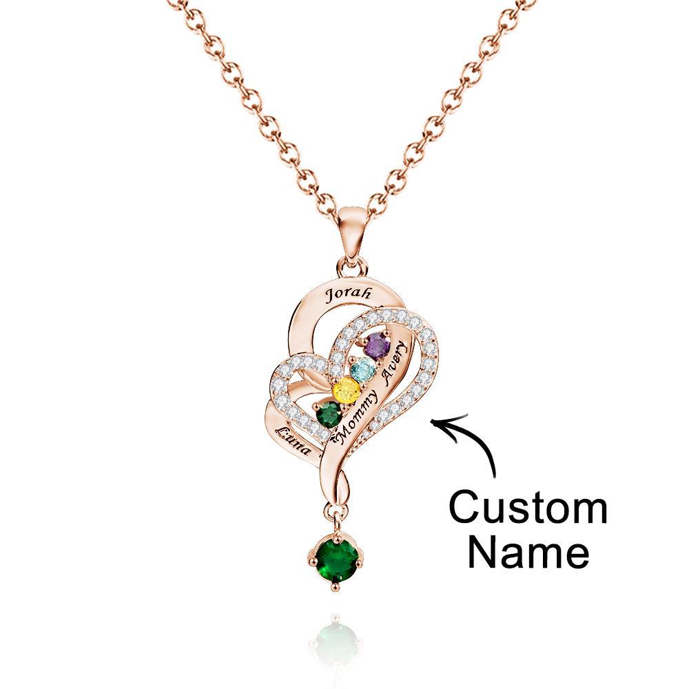 Collar De Corazones Dobles Con Piedra Natal Personalizada, Joyería Colgante Elegante Grabada Para Ella - soufeeles