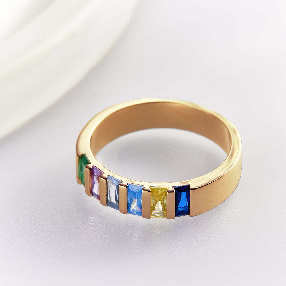 Anillo De Piedra De Nacimiento Baguette Personalizado, Anillo Familiar Personalizado Chapado En Oro De 18k, Regalo Para Ella - soufeeles