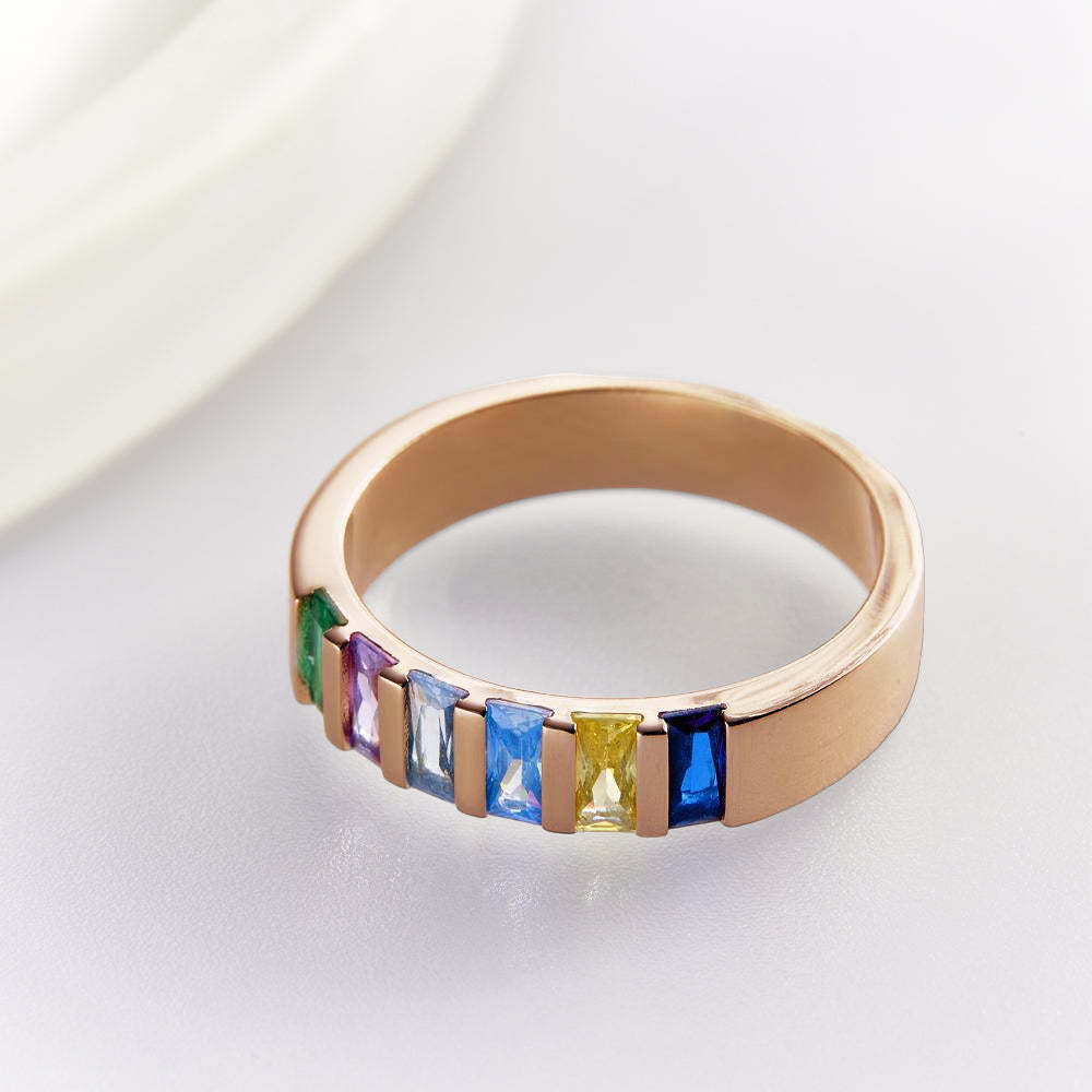 Anillo De Piedra De Nacimiento Baguette Personalizado, Anillo Familiar Personalizado Chapado En Oro Rosa, Regalo Para Ella - soufeeles