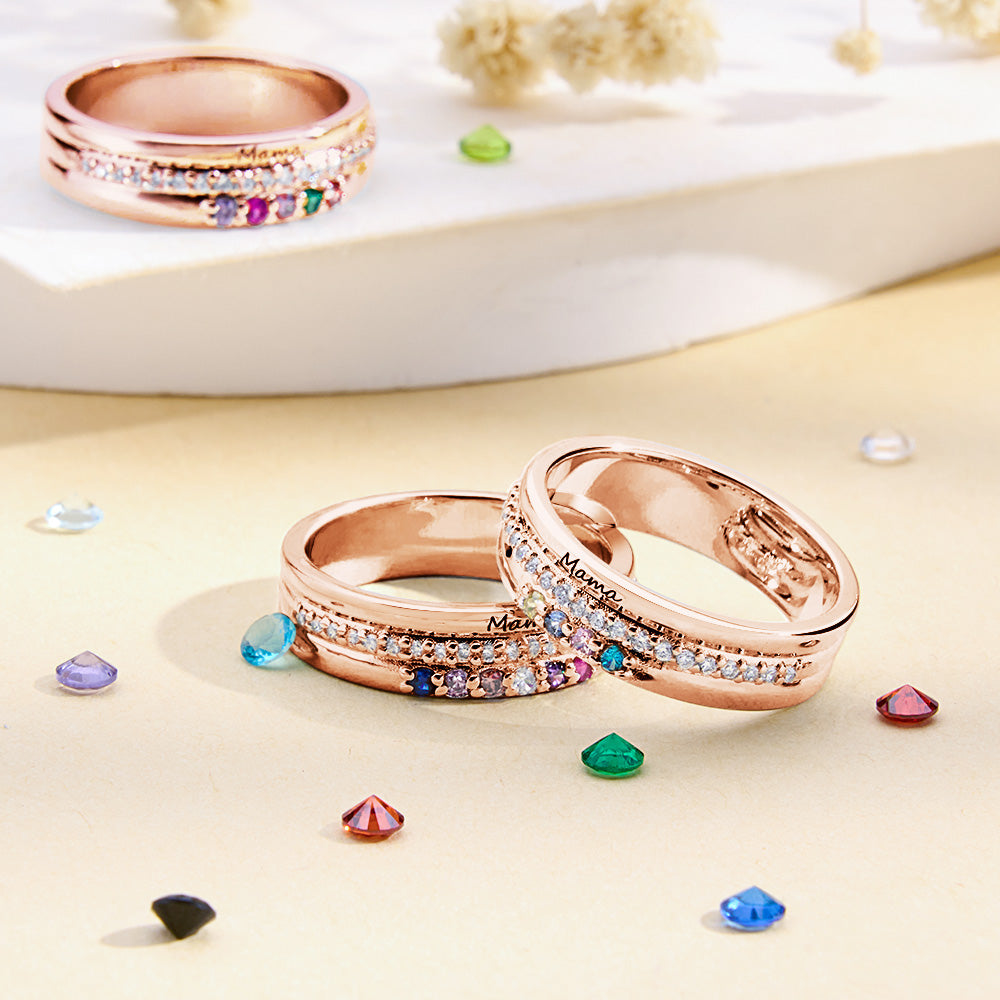 Anillo Con Piedras De Nacimiento Personalizadas Y Texto Grabado, Joyería, Regalo De Cumpleaños Para Mujeres - soufeeles