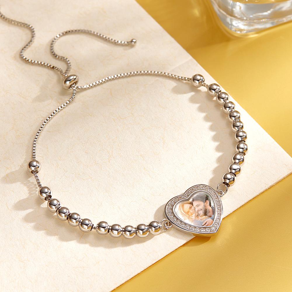 Pulsera Con Foto Personalizada, Cuentas Personalizadas, Colgante De Circonita En Forma De Corazón, Pulsera Ajustable, Regalos Para Mujeres - soufeeles